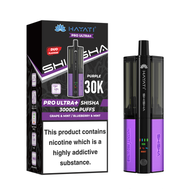Purple and Black Vape device with packaging displaying 'HAYATI' branding on a white background.