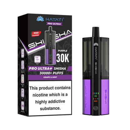 Purple and Black Vape device with packaging displaying 'HAYATI' branding on a white background.