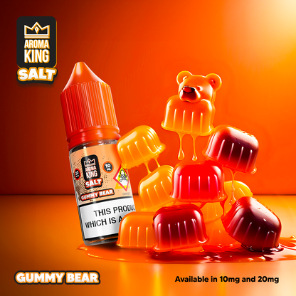 Aroma King Nic Salts 10ml gummy bear flavored nicotine salt e-liquid bottle with orange and red gummy bears background.