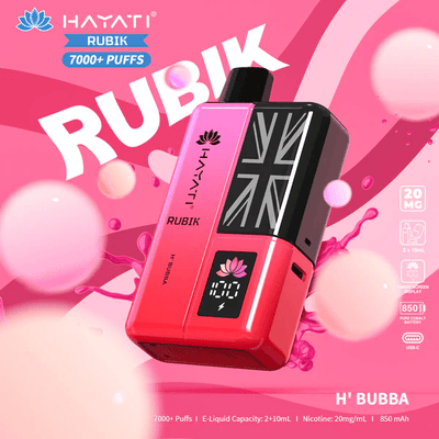 Hayati Pro Ultra+ 7000+ puffs reusable vape kit with single flavor h'bubba system and smart battery display