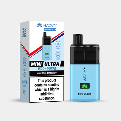 Hayati Mini Ultra Blue sour raspberry vape device and packaging on a light gray background