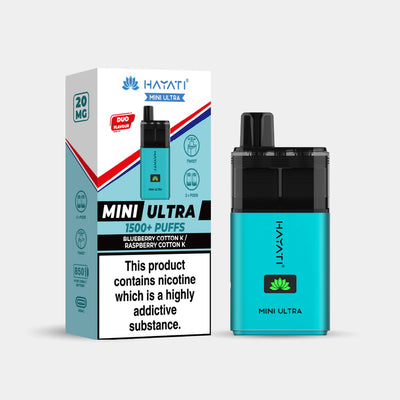 Hayati Mini Ultra Blueberry Cotton K vape device and packaging on a white background