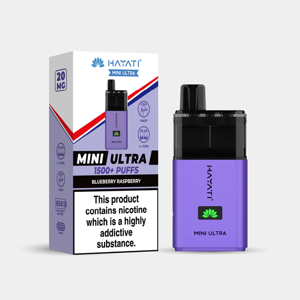 Hayati Mini Ultra Blueberry Raspberry vape device and packaging on a white background