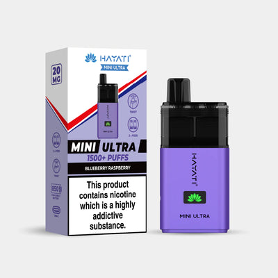 Hayati Mini Ultra Blueberry Raspberry vape device and packaging on a white background