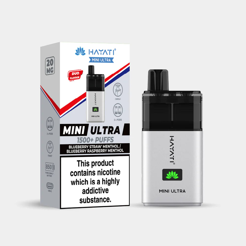 Hayati Mini Ultra blueberry straw'  raspberry Menthol vape device and packaging on a white background
