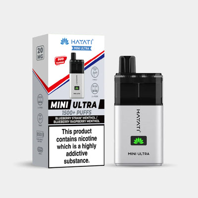 Hayati Mini Ultra blueberry straw'  raspberry Menthol vape device and packaging on a white background