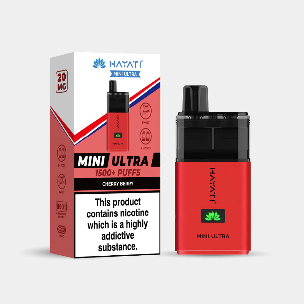 Hayati Mini Ultra cherry berry vape device and packaging on a white background