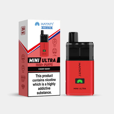 Hayati Mini Ultra cherry berry vape device and packaging on a white background