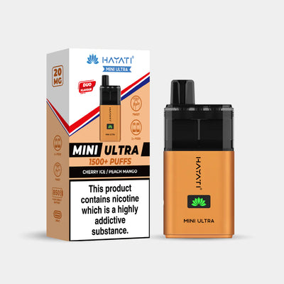 Hayati Mini Ultra cherry ice peach mango vaping device and packaging on a white background