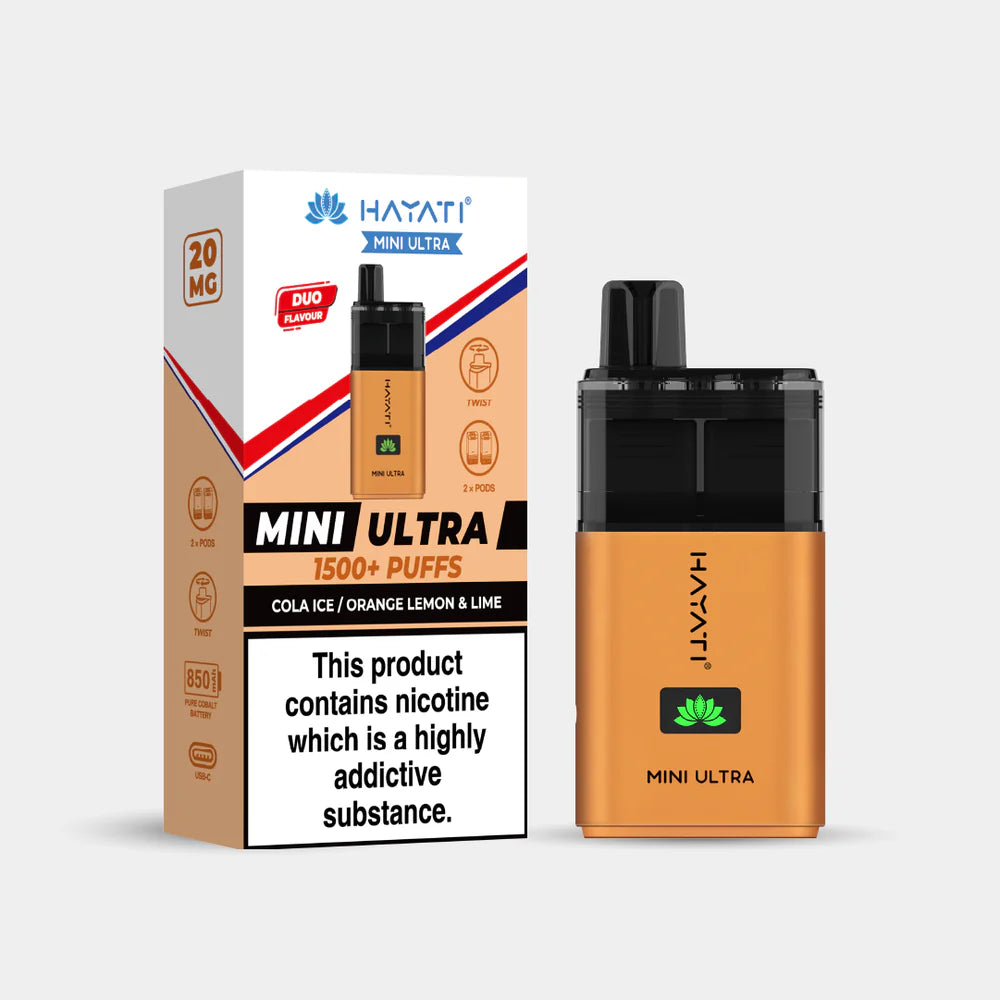 Hayati Mini Ultra cola ice orange lemon lime vaping device and packaging on a white background