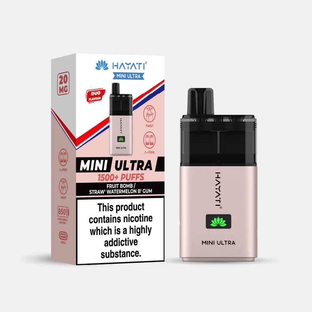 Hayati Mini Ultra fruit bomb straw watermelon b gum vape device and packaging on a white background