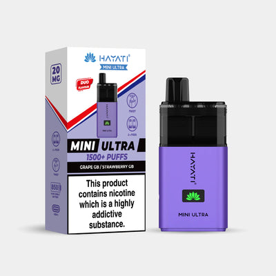 Hayati Mini Ultra grape gb strawberry gb vape device and packaging on a white background