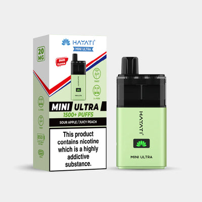 Hayati Mini Ultra sour apple juicy peach vape device and packaging on a white background