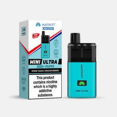Hayati Mini Ultra straw guava dragon berries vape device and packaging on a white background