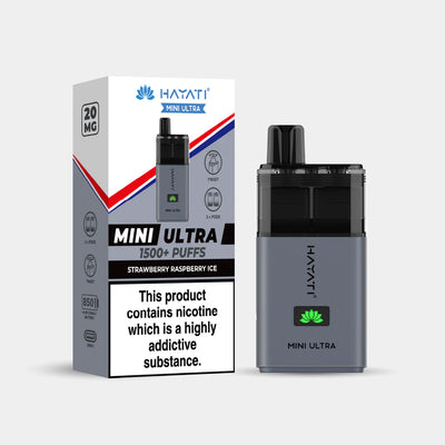Hayati Mini Ultra strawberry raspberry ice vaping device and packaging on a white background