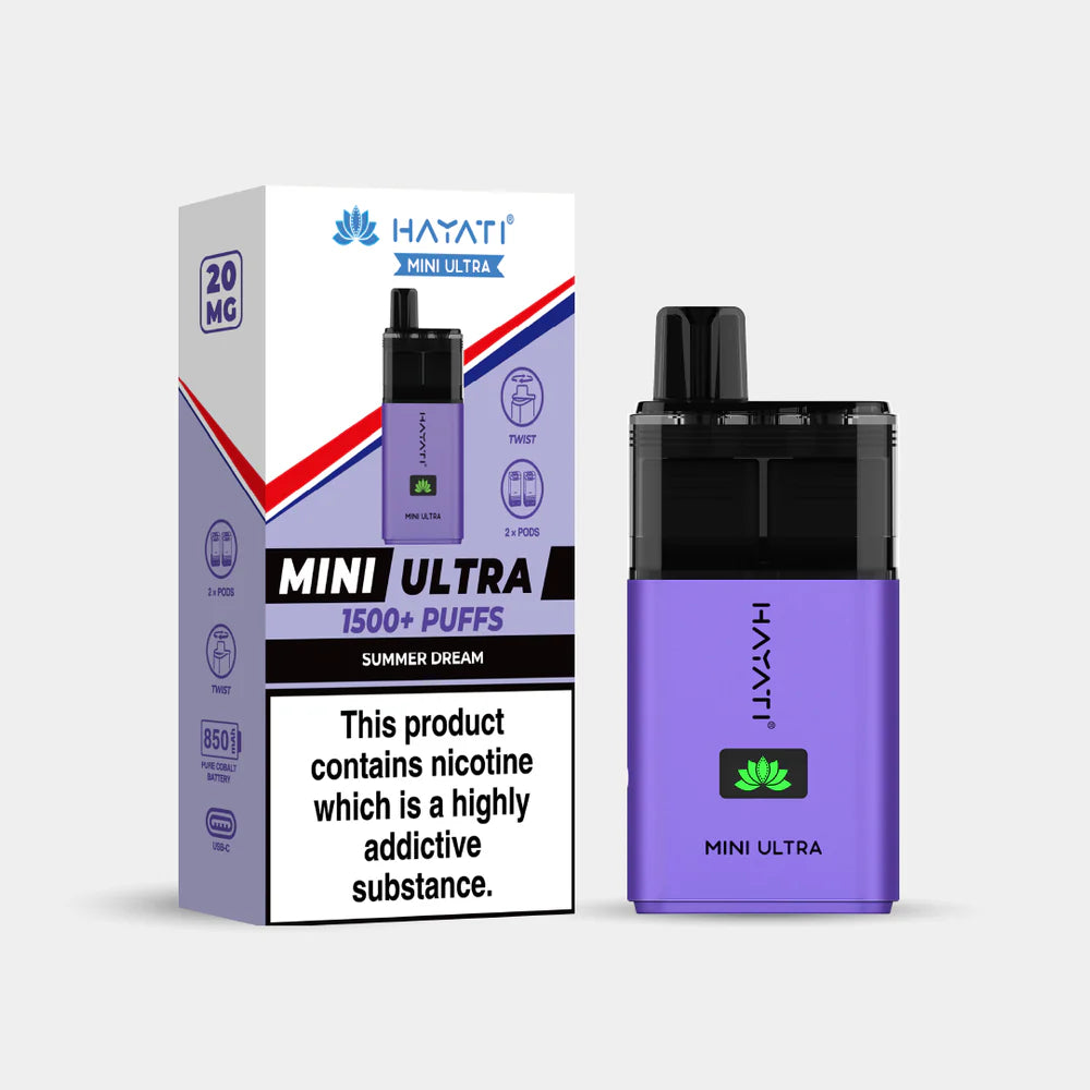 Hayati Mini Ultra summer dream vape device and packaging on a white background