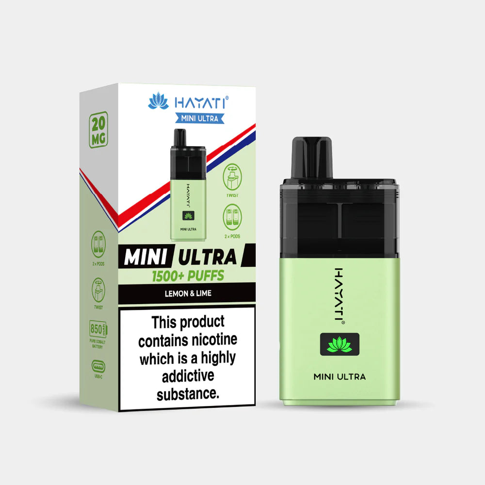 Hayati Mini Ultra lemon and lime vape device and packaging on a light gray background
