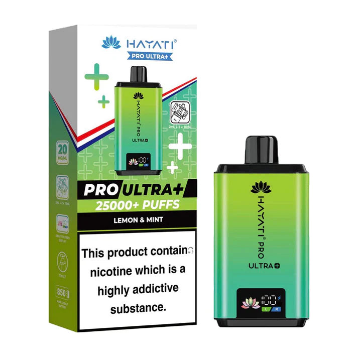 Hayati Pro Ultra Plus 25000 Vape Kit pack of 5 with dual tank, smart battery display, and twist-to-switch flavor system
