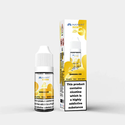 Hayati Nic Salts Banana Ice 10ml e-liquid bottle and box with nicotine warning label