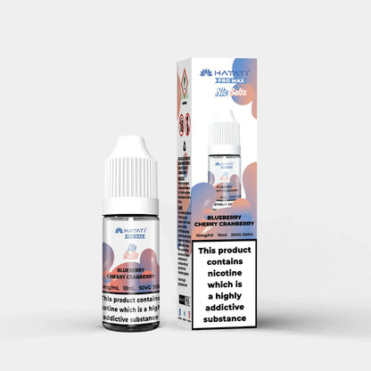 Hayati Nic Salts blueberry cherry cranberry flavor 10ml e-liquid bottle and box with nicotine warning label