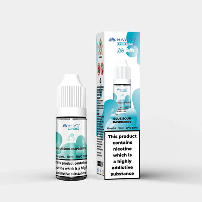Hayati Nic Salts 10ml e-liquid bottle and box in Blue Sour Raspberry flavor with 10mg nicotine strength and 50:50 PG VG ratio