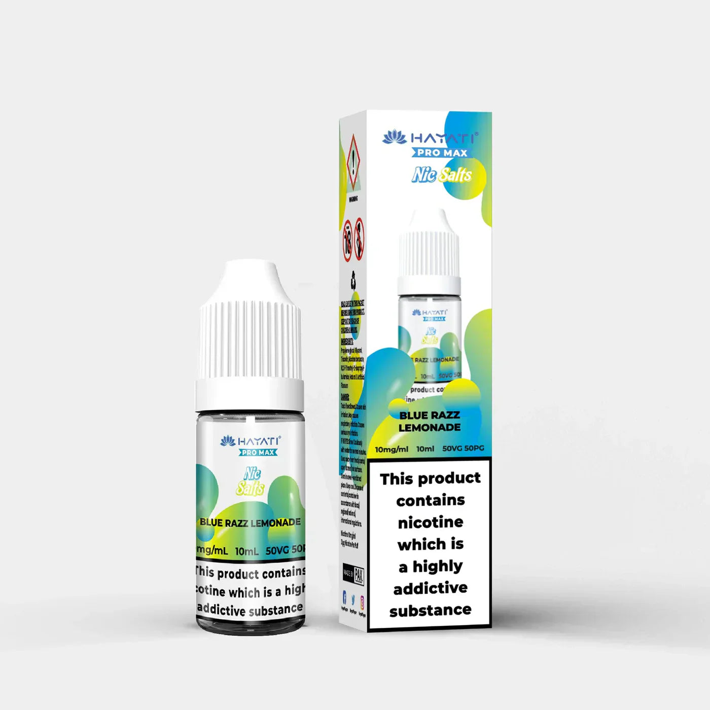 Hayati Nic Salts 10ml Blue Razz Lemonade nicotine salt e-liquid with 50/50 PG VG ratio and 10mg nicotine strength in bottle and packaging