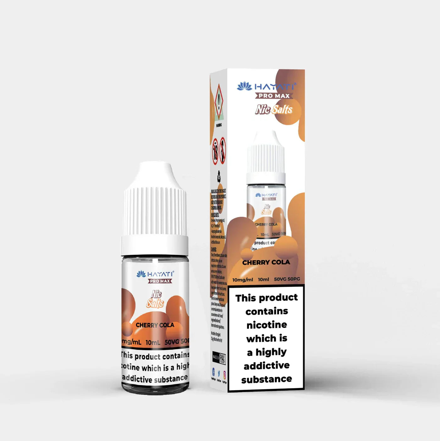 Hayati Nic Salts 10ml Cherry Cola nicotine salt e-liquid with 50/50 PG VG ratio and nicotine strength options.