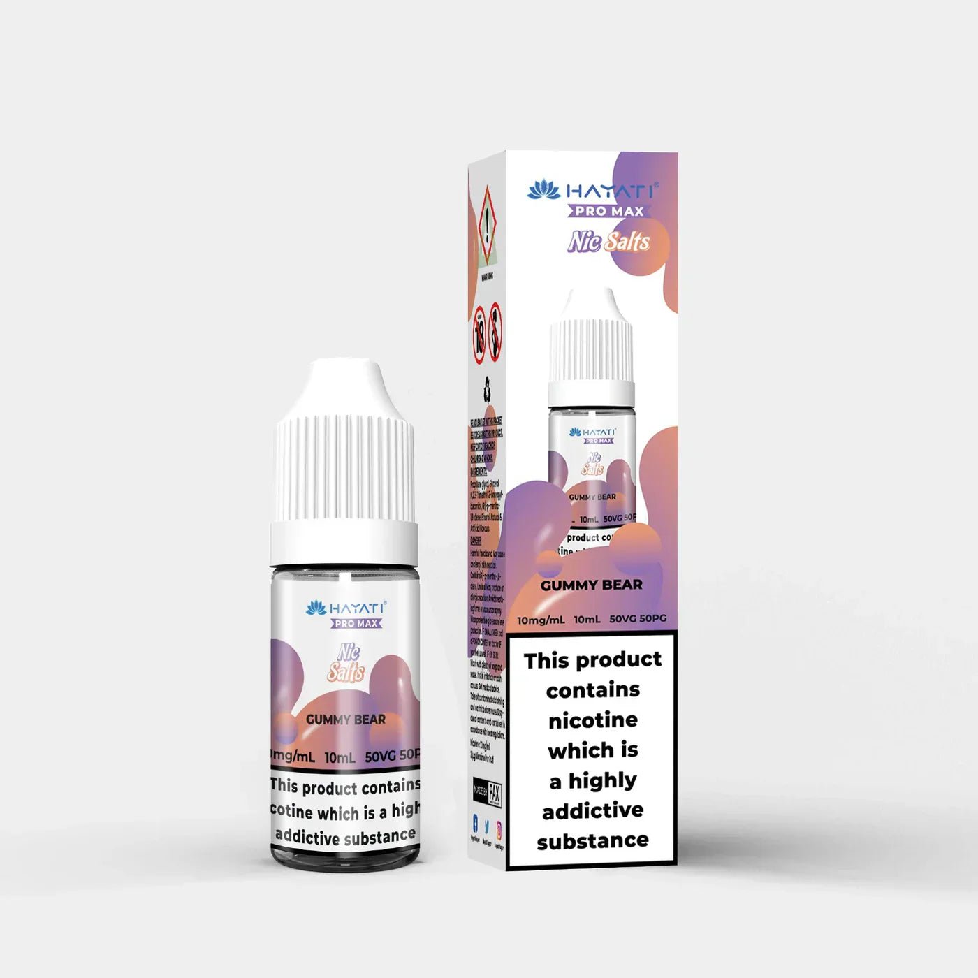 Hayati Nic Salts 10ml e-liquid bottle and box in Gummy Bear flavor with 10mg nicotine strength and 50:50 PG VG ratio.