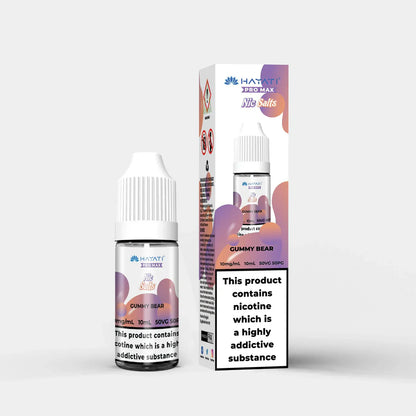 Hayati Nic Salts 10ml e-liquid bottle and box in Gummy Bear flavor with 10mg nicotine strength and 50:50 PG VG ratio.