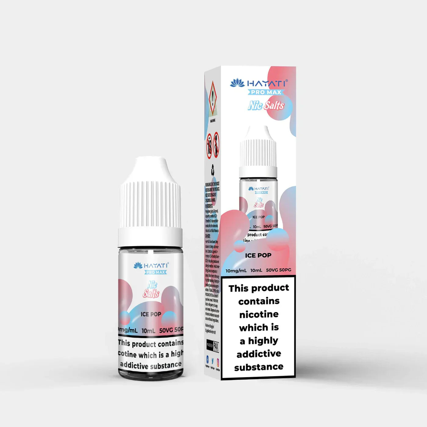 Hayati Nic Salts 10ml e-liquid bottle and packaging in Ice Pop flavor with 10mg nicotine strength and 50/50 PG VG ratio