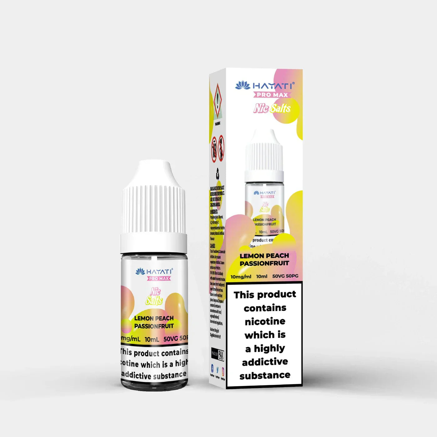 Hayati Nic Salts 10ml e-liquid in Lemon Peach Passionfruit flavor with 10mg nicotine and 50:50 PG VG ratio