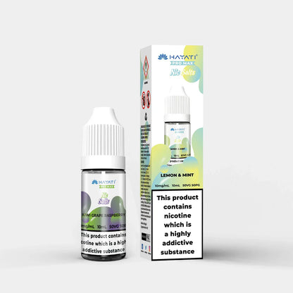 Hayati Nic Salts 10ml e-liquid bottle and box with lemon and mint flavor, 10mg nicotine strength, 50:50 PG/VG ratio, nicotine addiction warning.