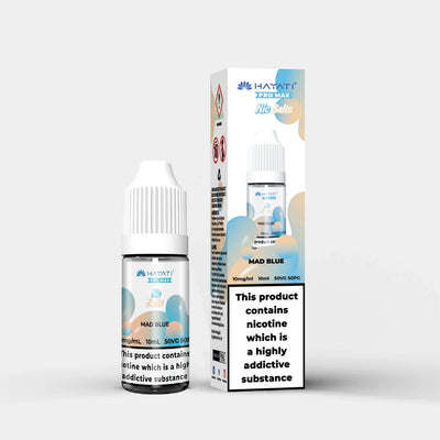 Hayati Nic Salts 10ml e-liquid bottle and box with Mad Blue flavor, 10mg nicotine strength, 50PG/50VG ratio, nicotine salt vape juice for quitting smokers