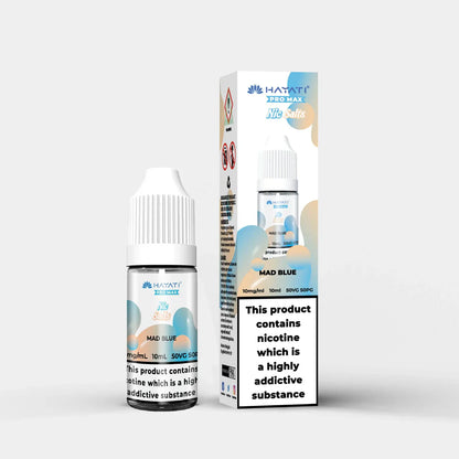 Hayati Nic Salts 10ml e-liquid bottle and box with Mad Blue flavor, 10mg nicotine strength, 50PG/50VG ratio, nicotine salt vape juice for quitting smokers