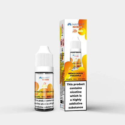 Hayati Nic Salts 10ml Mango Peach Pineapple nicotine salt e-liquid bottle and box with 10mg strength and 50:50 PG VG ratio