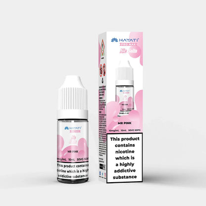 Hayati Nic Salts 10ml e-liquid bottle and packaging in Mr Pink flavor with 10mg nicotine strength and 50:50 PG VG ratio.