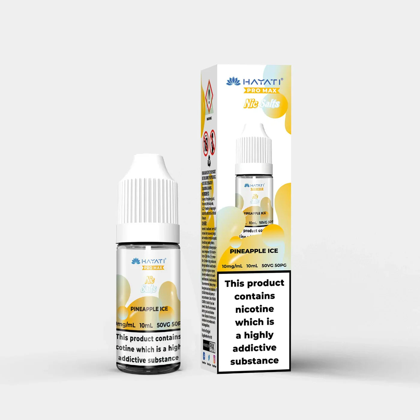 Hayati Nic Salts 10ml e-liquid bottle and box in Pineapple Ice flavor with 10mg nicotine strength and 50:50 PG VG ratio.