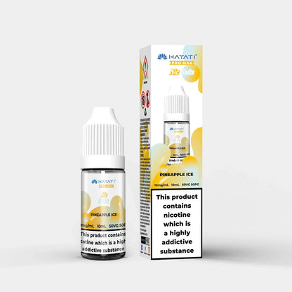 Hayati Nic Salts 10ml e-liquid bottle and box in Pineapple Ice flavor with 10mg nicotine strength and 50:50 PG VG ratio.