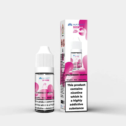 Hayati Nic Salts 10ml e-liquid bottle and box in Strawberry Mojito flavor with 10mg nicotine strength and 50:50 PG VG ratio.