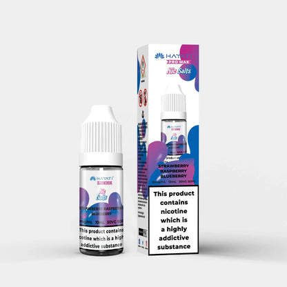 Hayati Nic Salts 10ml e-liquid bottle and box with strawberry raspberry blueberry flavor and 50/50 PG VG ratio for intense nicotine kick