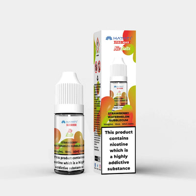 Hayati Nic Salts 10ml bottle and box featuring strawberry watermelon bubblegum flavor with 10mg nicotine and 50:50 PG VG ratio.