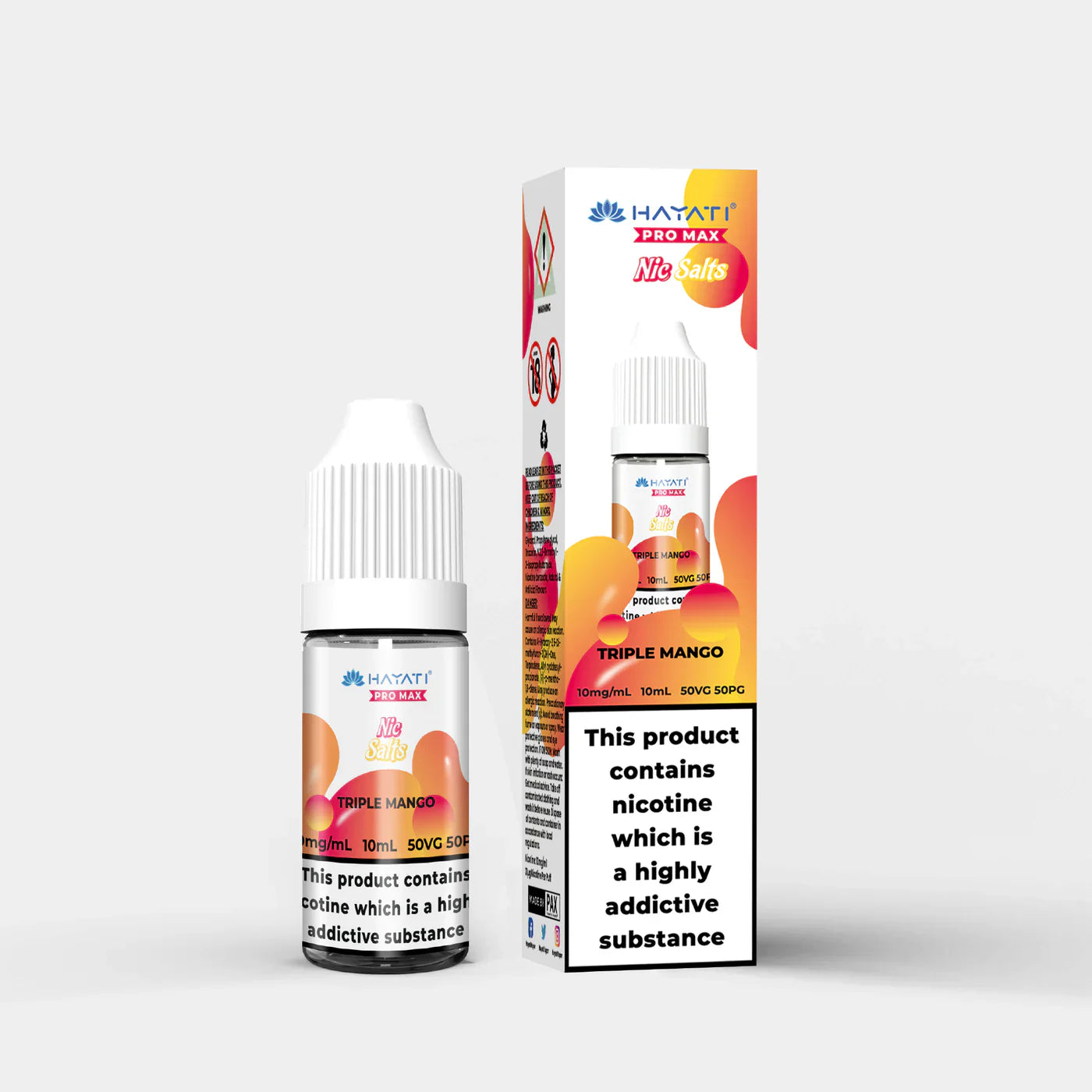 Hayati Nic Salts 10ml bottle and packaging with Triple Mango flavor, 10mg nicotine strength, 50:50 PG VG ratio, premium nicotine salt e-liquid for vaping