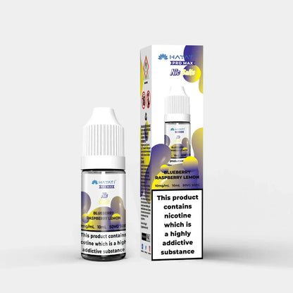 Hayati Nic Salts 10ml e-liquid bottle and box with Blueberry Raspberry Lemon flavor and nicotine warning label
