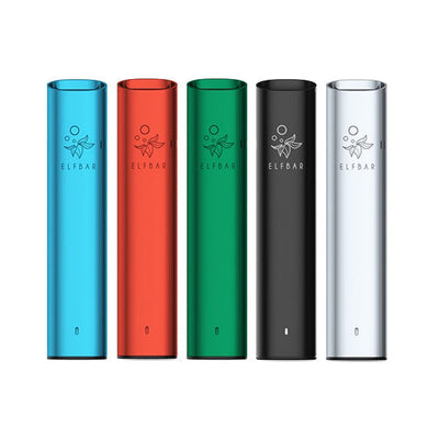 Elf Bar Elf Mate 500 pod starter kit devices in blue, red, green, black, and white with sleek aluminium design.