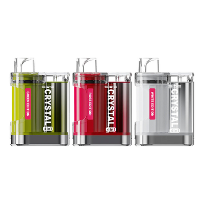 SKE Crystal 4in1 2400 pod vape kits in green, rose, and white editions with clear casing and flavor labels