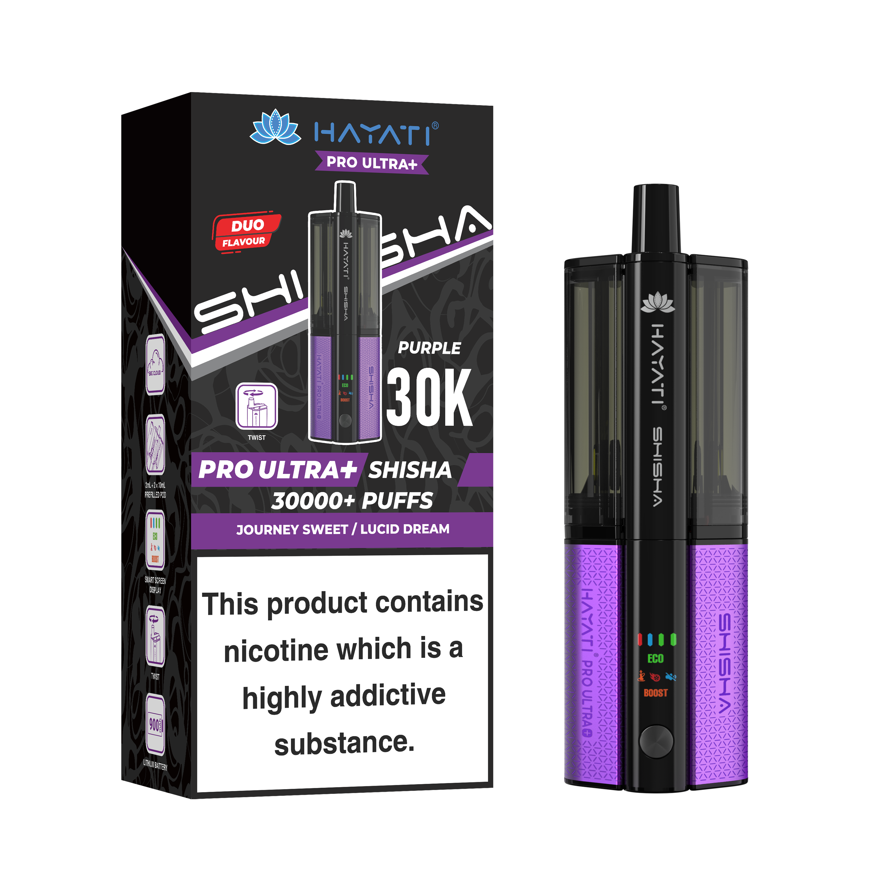 Purple and black vape device with packaging displaying 'HAYATI' branding on a white background.