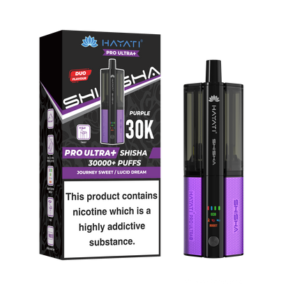 Purple and black vape device with packaging displaying 'HAYATI' branding on a white background.