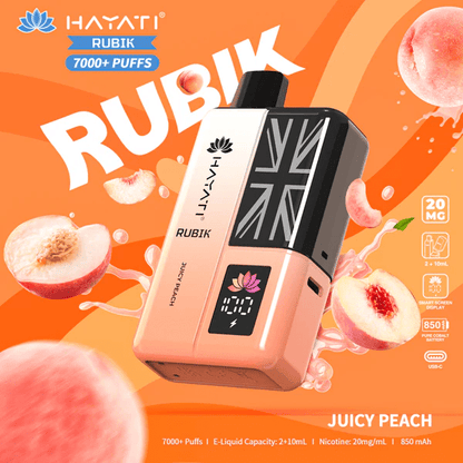 Hayati Pro Ultra+ 7000+ puffs reusable vape kit with single flavor juicy peach system and smart battery display
