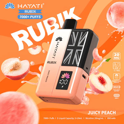 Hayati Rubik vape device with juicy peach flavor on an orange background
