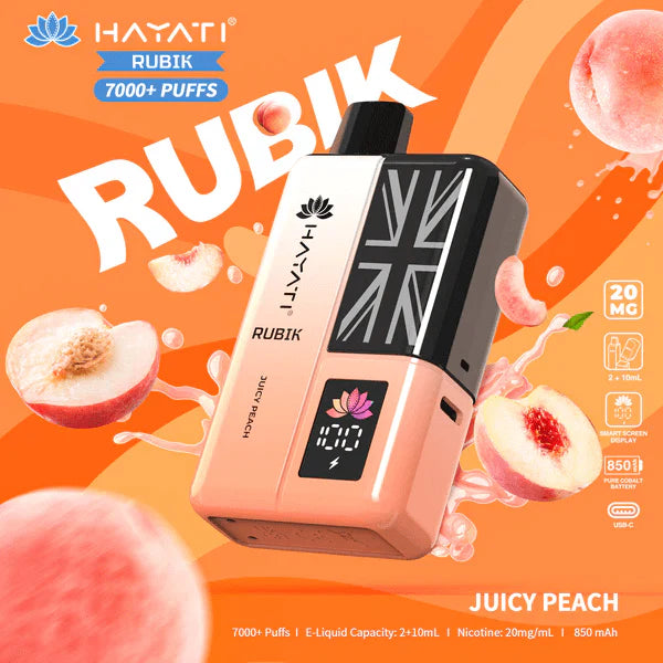 Hayati Rubik vape device with juicy peach flavor on an orange background